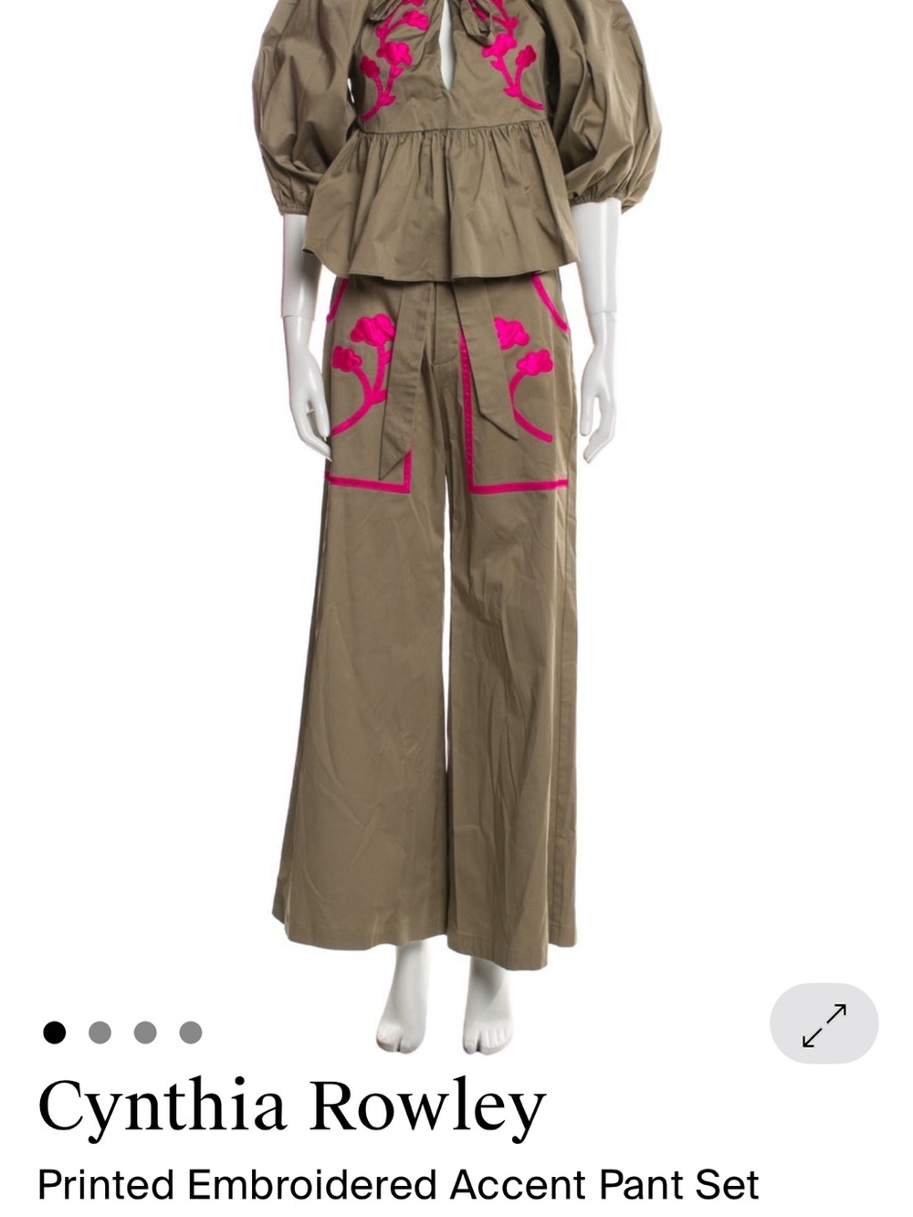 Cynthia Rowley Olive Wide-Leg Pants with Hot Pink Embroidered Accents